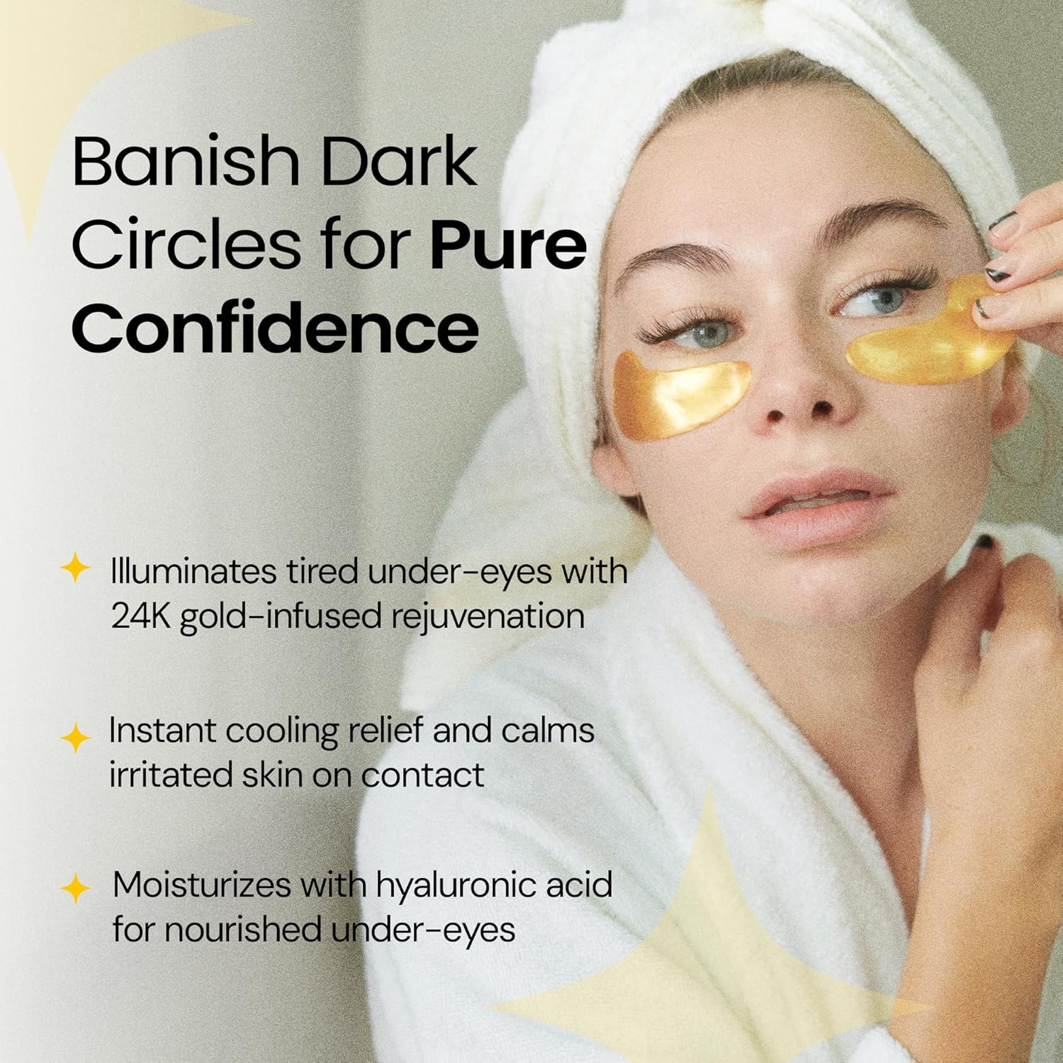 Woman applying gold eye mask with product benefits